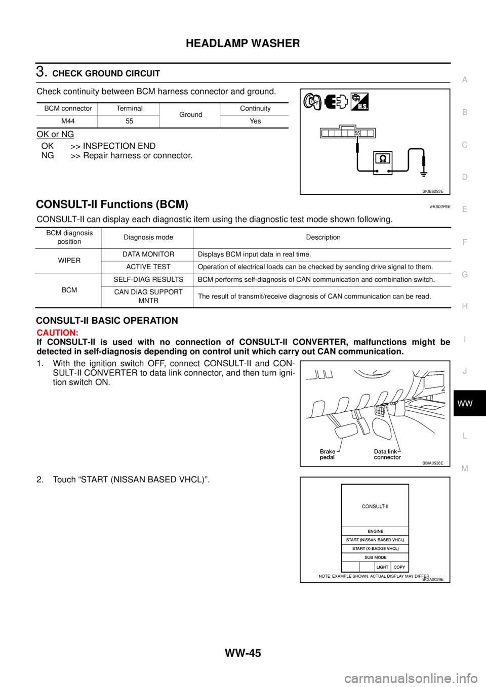 NISSAN NAVARA 2005 Repair Workshop Manual HEADLAMP WASHER
WW-45
C
D
E
F
G
H
I
J
L
MA
B
WW
3.CHECK GROUND CIRCUIT
Check continuity between BCM harness connector and ground.
OK or NG
OK >> INSPECTION END
NG >> Repair harness or connector.
CONSU NISSAN NAVARA 2005 Repair Workshop Manual HEADLAMP WASHER
WW-45
C
D
E
F
G
H
I
J
L
MA
B
WW
3.CHECK GROUND CIRCUIT
Check continuity between BCM harness connector and ground.
OK or NG
OK >> INSPECTION END
NG >> Repair harness or connector.
CONSU