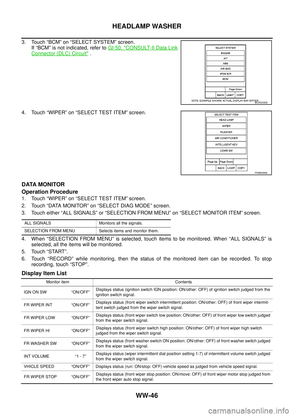 NISSAN NAVARA 2005 Repair Workshop Manual WW-46
HEADLAMP WASHER
3. Touch “BCM” on “SELECT SYSTEM” screen.
If “BCM” is not indicated, refer toGI-50, "
CONSULT-II Data Link
Connector (DLC) Circuit".
4. Touch “WIPER” on “SELECT NISSAN NAVARA 2005 Repair Workshop Manual WW-46
HEADLAMP WASHER
3. Touch “BCM” on “SELECT SYSTEM” screen.
If “BCM” is not indicated, refer toGI-50, "
CONSULT-II Data Link
Connector (DLC) Circuit".
4. Touch “WIPER” on “SELECT