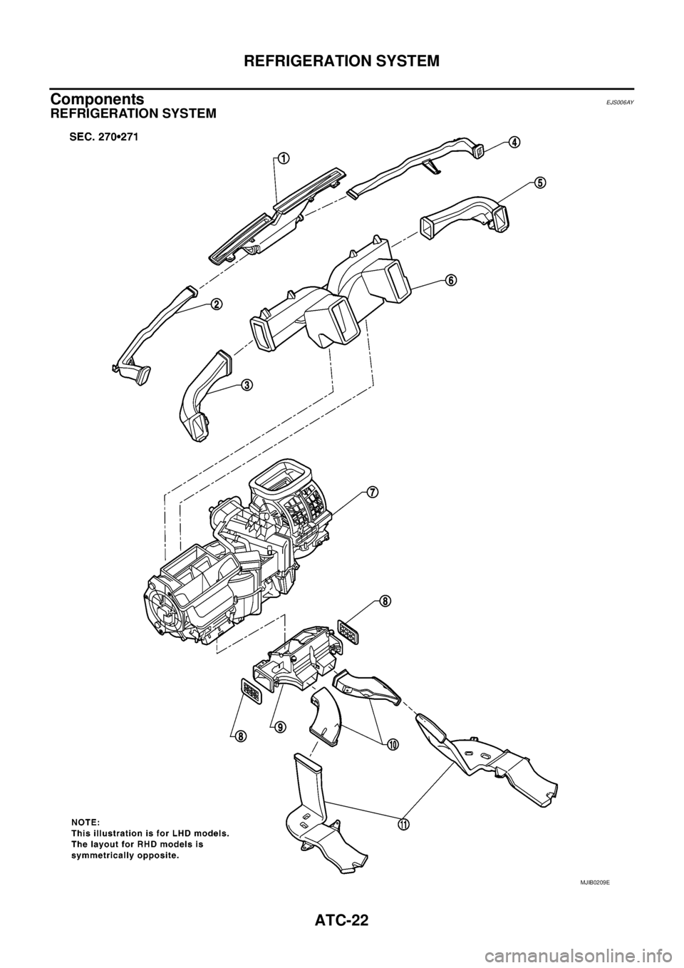 NISSAN NAVARA 2005  Repair Workshop Manual ATC-22
REFRIGERATION SYSTEM
Components
EJS006AY
REFRIGERATION SYSTEM
MJIB0209E 