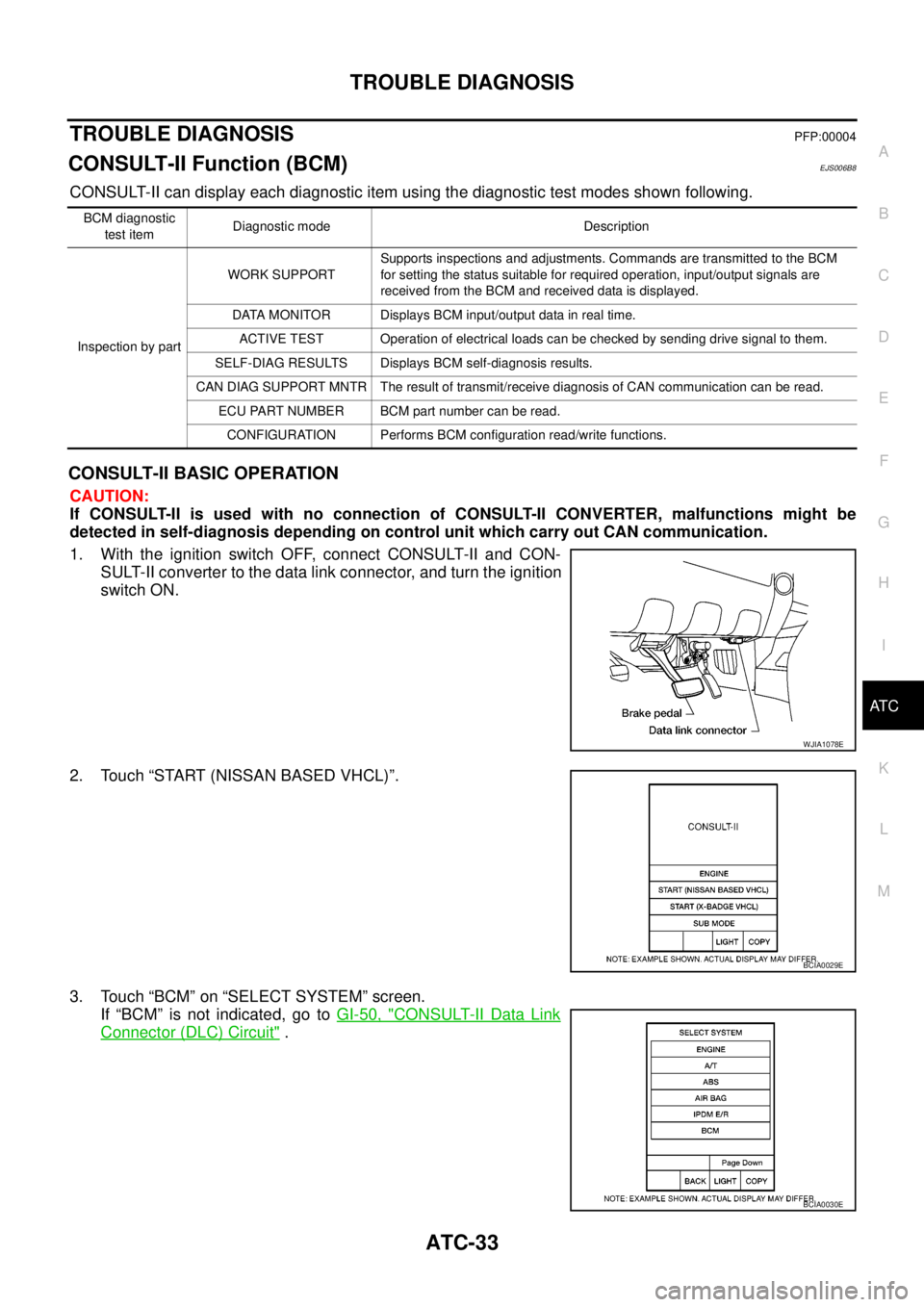 NISSAN NAVARA 2005 Repair Workshop Manual TROUBLE DIAGNOSIS
ATC-33
C
D
E
F
G
H
I
K
L
MA
B
AT C
TROUBLE DIAGNOSISPFP:00004
CONSULT-II Function (BCM)EJS006B8
CONSULT-II can display each diagnostic item using the diagnostic test modes shown foll NISSAN NAVARA 2005 Repair Workshop Manual TROUBLE DIAGNOSIS
ATC-33
C
D
E
F
G
H
I
K
L
MA
B
AT C
TROUBLE DIAGNOSISPFP:00004
CONSULT-II Function (BCM)EJS006B8
CONSULT-II can display each diagnostic item using the diagnostic test modes shown foll