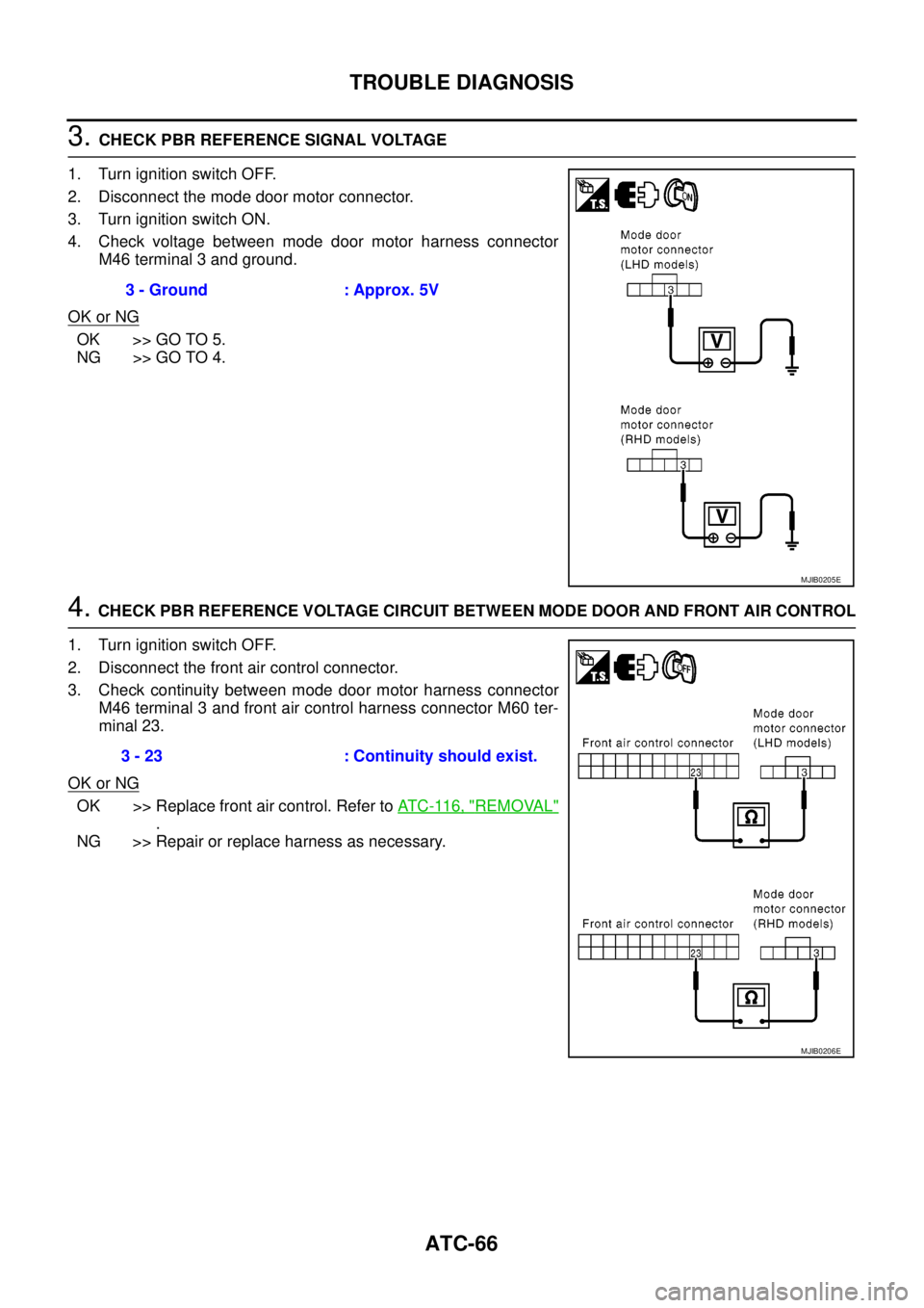 NISSAN NAVARA 2005  Repair Workshop Manual ATC-66
TROUBLE DIAGNOSIS
3.CHECK PBR REFERENCE SIGNAL VOLTAGE
1. Turn ignition switch OFF.
2. Disconnect the mode door motor connector.
3. Turn ignition switch ON.
4. Check voltage between mode door m