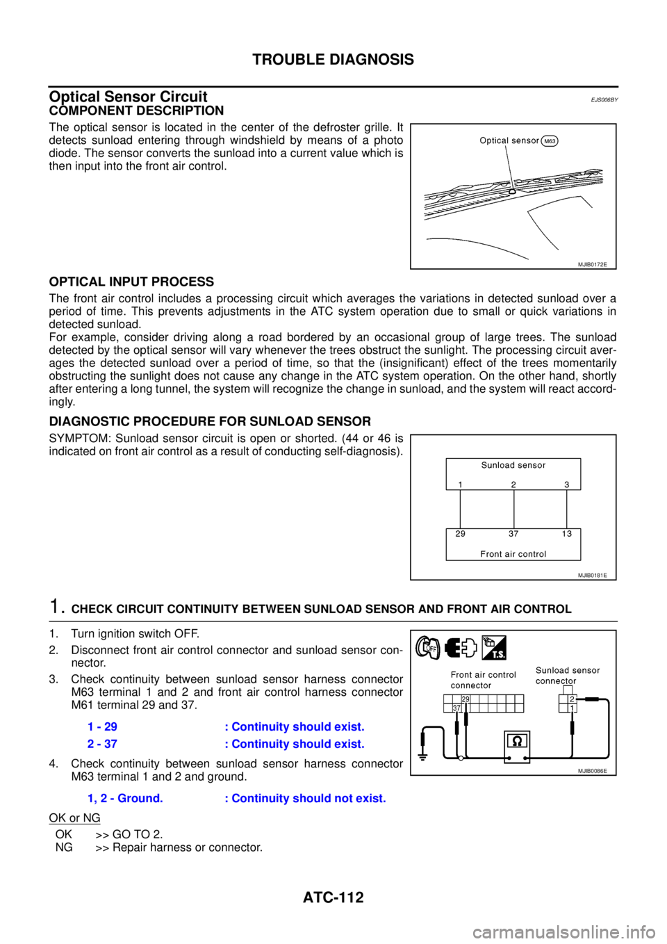 NISSAN NAVARA 2005  Repair Workshop Manual ATC-112
TROUBLE DIAGNOSIS
Optical Sensor Circuit
EJS006BY
COMPONENT DESCRIPTION
The optical sensor is located in the center of the defroster grille. It
detects sunload entering through windshield by m