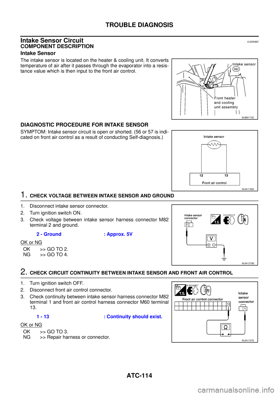NISSAN NAVARA 2005  Repair Workshop Manual ATC-114
TROUBLE DIAGNOSIS
Intake Sensor Circuit
EJS006BZ
COMPONENT DESCRIPTION
Intake Sensor
The intake sensor is located on the heater & cooling unit. It converts
temperature of air after it passes t