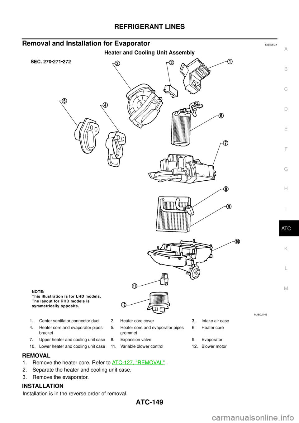 NISSAN NAVARA 2005  Repair Workshop Manual REFRIGERANT LINES
ATC-149
C
D
E
F
G
H
I
K
L
MA
B
AT C
Removal and Installation for EvaporatorEJS006CX
Heater and Cooling Unit Assembly
REMOVAL
1. Remove the heater core. Refer toATC-127, "REMOVAL".
2.