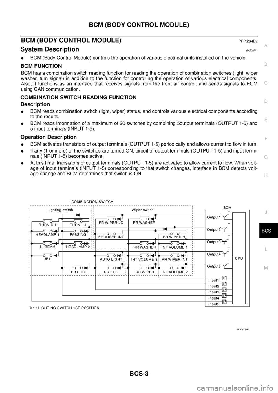 NISSAN NAVARA 2005  Repair Workshop Manual BCM (BODY CONTROL MODULE)
BCS-3
C
D
E
F
G
H
I
J
L
MA
B
BCS
BCM (BODY CONTROL MODULE)PFP:284B2
System DescriptionEKS00PA1
lBCM (Body Control Module) controls the operation of various electrical units i