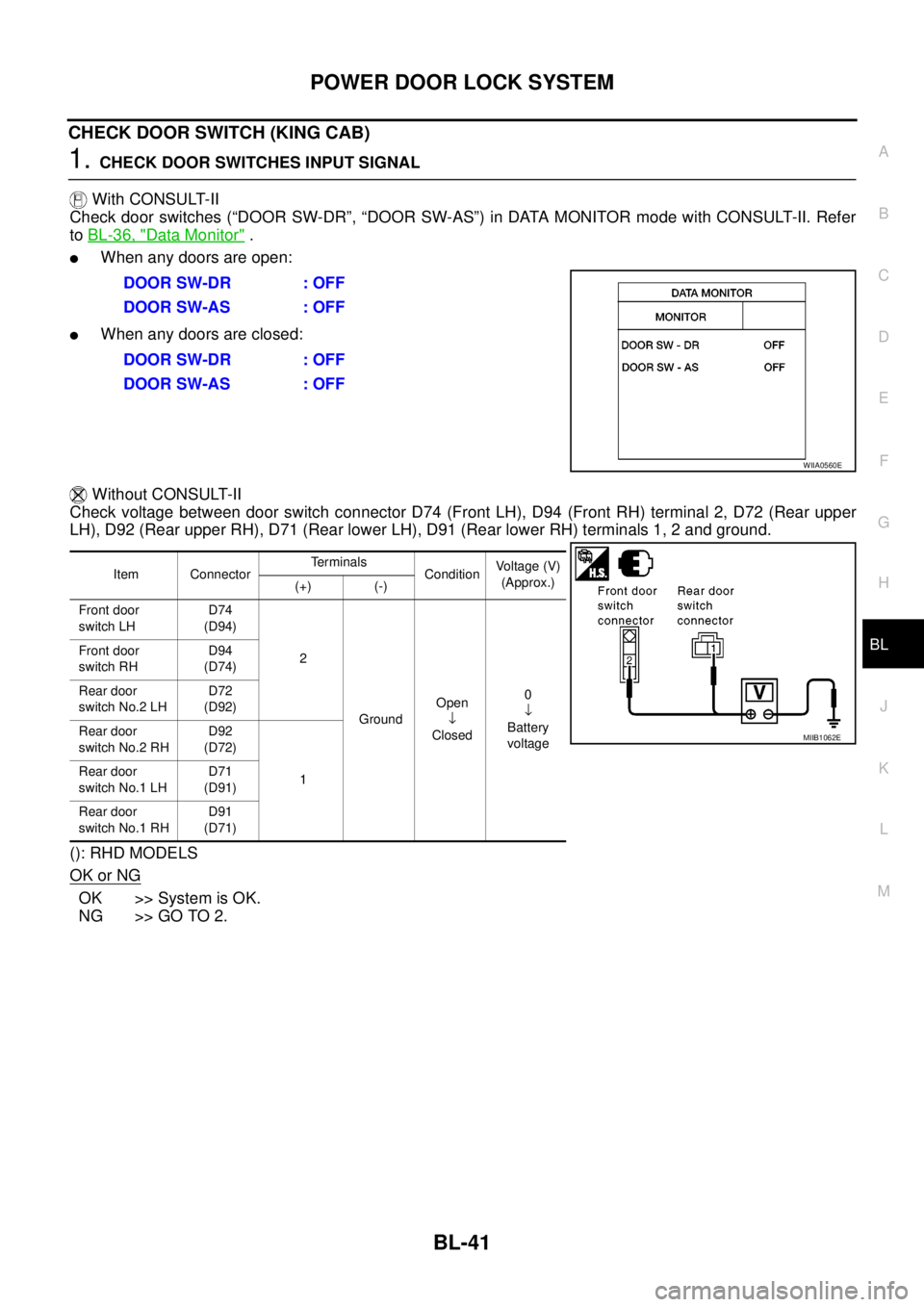 NISSAN NAVARA 2005  Repair Workshop Manual POWERDOORLOCKSYSTEM
BL-41
C
D
E
F
G
H
J
K
L
MA
B
BL
CHECK DOOR SWITCH (KING CAB)
1.CHECK DOOR SWITCHES INPUT SIGNAL
With CONSULT-II
Check door switches (“DOOR SW-DR”, “DOOR SW-AS”) in DATA MON