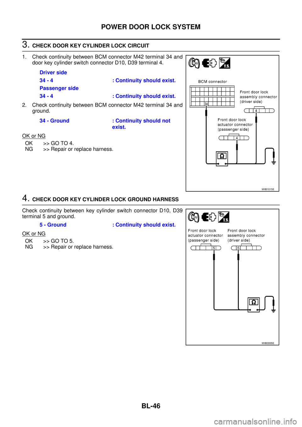 NISSAN NAVARA 2005  Repair Workshop Manual BL-46
POWER DOOR LOCK SYSTEM
3.CHECK DOOR KEY CYLINDER LOCK CIRCUIT
1. Check continuity between BCM connector M42 terminal 34 and
door key cylinder switch connector D10, D39 terminal 4.
2. Check conti