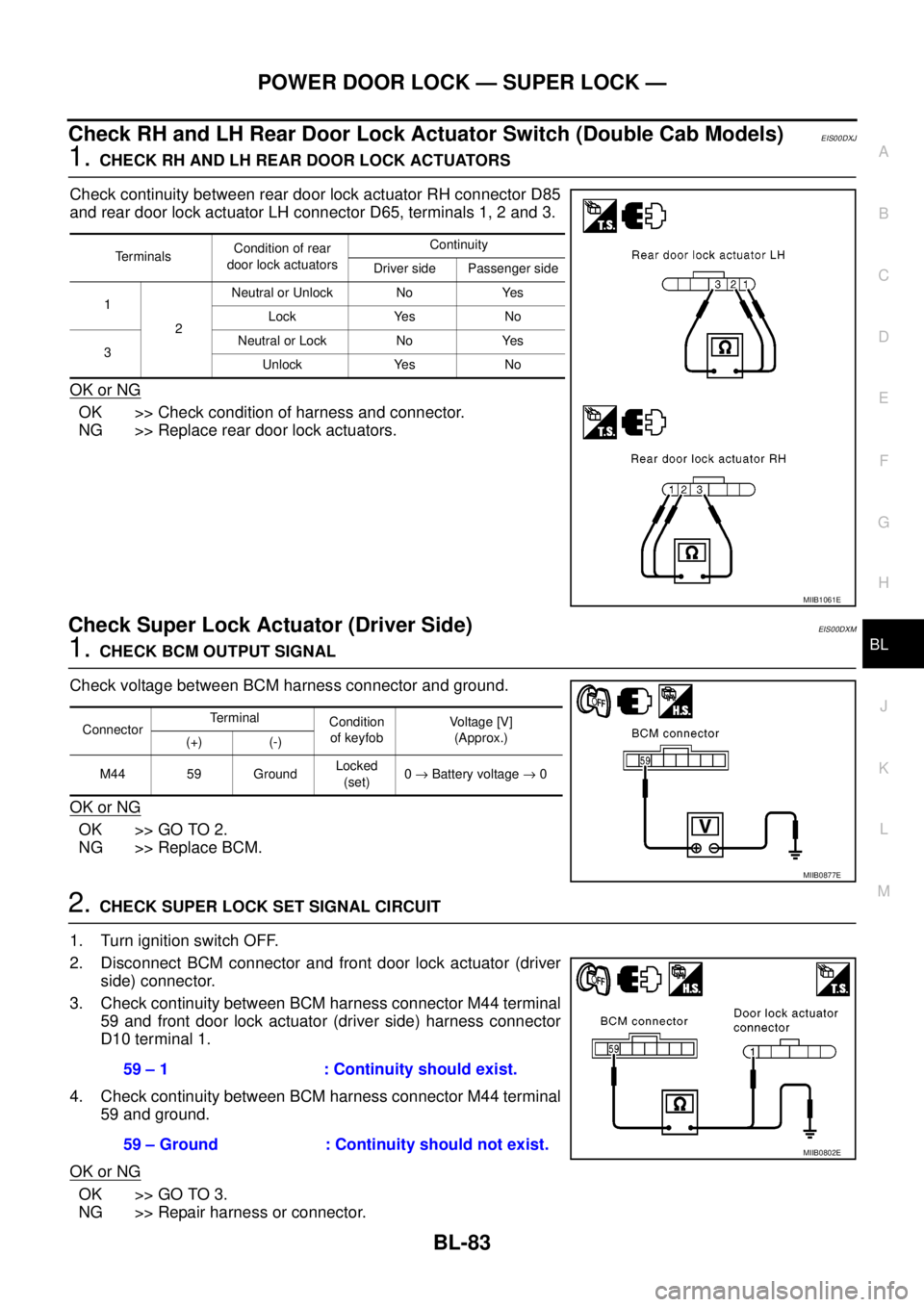 NISSAN NAVARA 2005  Repair Workshop Manual POWER DOOR LOCK — SUPER LOCK —
BL-83
C
D
E
F
G
H
J
K
L
MA
B
BL
Check RH and LH Rear Door Lock Actuator Switch (Double Cab Models)EIS00DXJ
1.CHECK RH AND LH REAR DOOR LOCK ACTUATORS
Check continuit