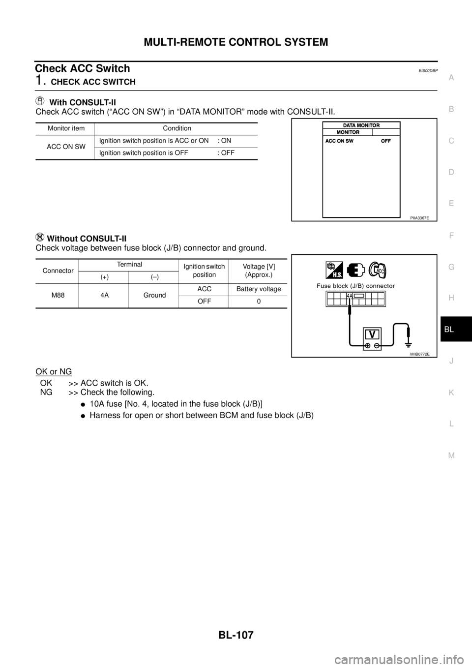 NISSAN NAVARA 2005  Repair Workshop Manual MULTI-REMOTE CONTROL SYSTEM
BL-107
C
D
E
F
G
H
J
K
L
MA
B
BL
Check ACC SwitchEIS00DBP
1.CHECK ACC SWITCH
With CONSULT-II
Check ACC switch (“ACC ON SW”) in “DATA MONITOR” mode with CONSULT-II.
