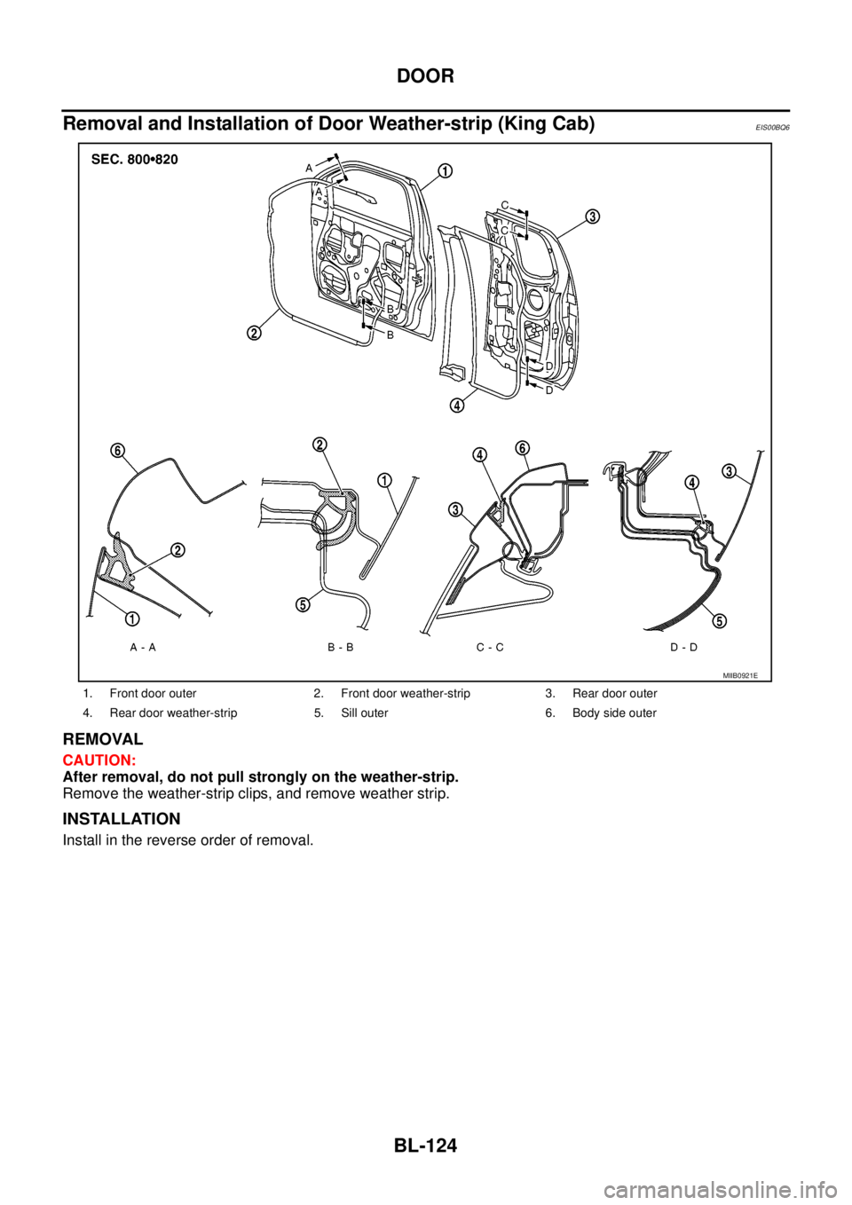 NISSAN NAVARA 2005  Repair Workshop Manual BL-124
DOOR
Removal and Installation of Door Weather-strip (King Cab)
EIS00BQ6
REMOVAL
CAUTION:
After removal, do not pull strongly on the weather-strip.
Remove the weather-strip clips, and remove wea