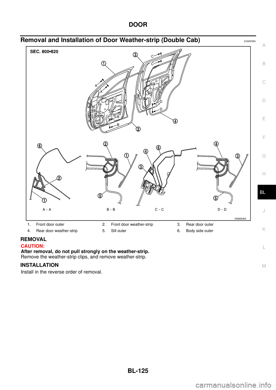 NISSAN NAVARA 2005  Repair Workshop Manual DOOR
BL-125
C
D
E
F
G
H
J
K
L
MA
B
BL
Removal and Installation of Door Weather-strip (Double Cab)EIS00DWU
REMOVAL
CAUTION:
After removal, do not pull strongly on the weather-strip.
Remove the weather-
