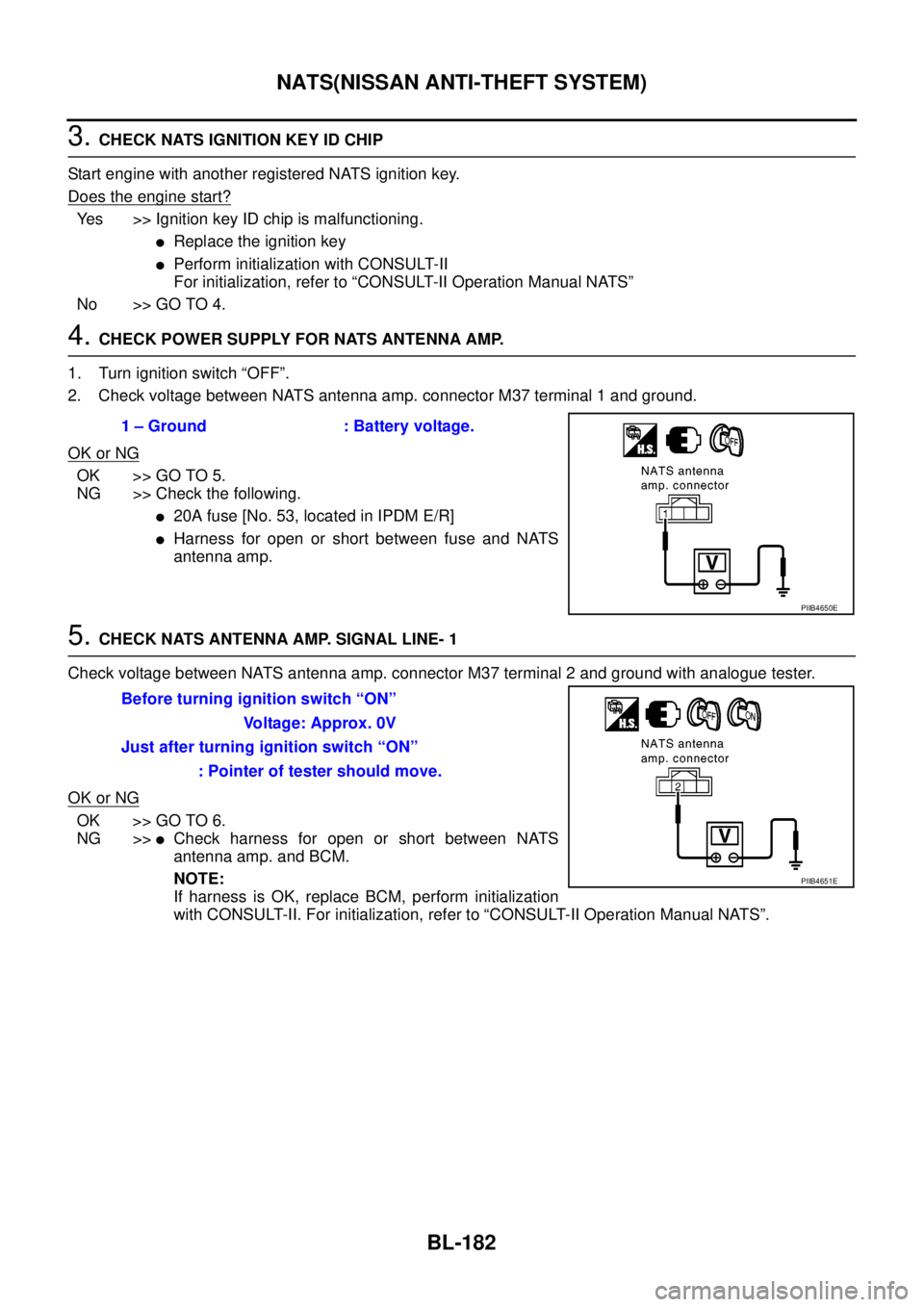 NISSAN NAVARA 2005 Repair Workshop Manual BL-182
NATS(NISSAN ANTI-THEFT SYSTEM)
3.CHECK NATS IGNITION KEY ID CHIP
Start engine with another registered NATS ignition key.
Doestheenginestart?
Yes >> Ignition key ID chip is malfunctioning.
lRepl NISSAN NAVARA 2005 Repair Workshop Manual BL-182
NATS(NISSAN ANTI-THEFT SYSTEM)
3.CHECK NATS IGNITION KEY ID CHIP
Start engine with another registered NATS ignition key.
Doestheenginestart?
Yes >> Ignition key ID chip is malfunctioning.
lRepl