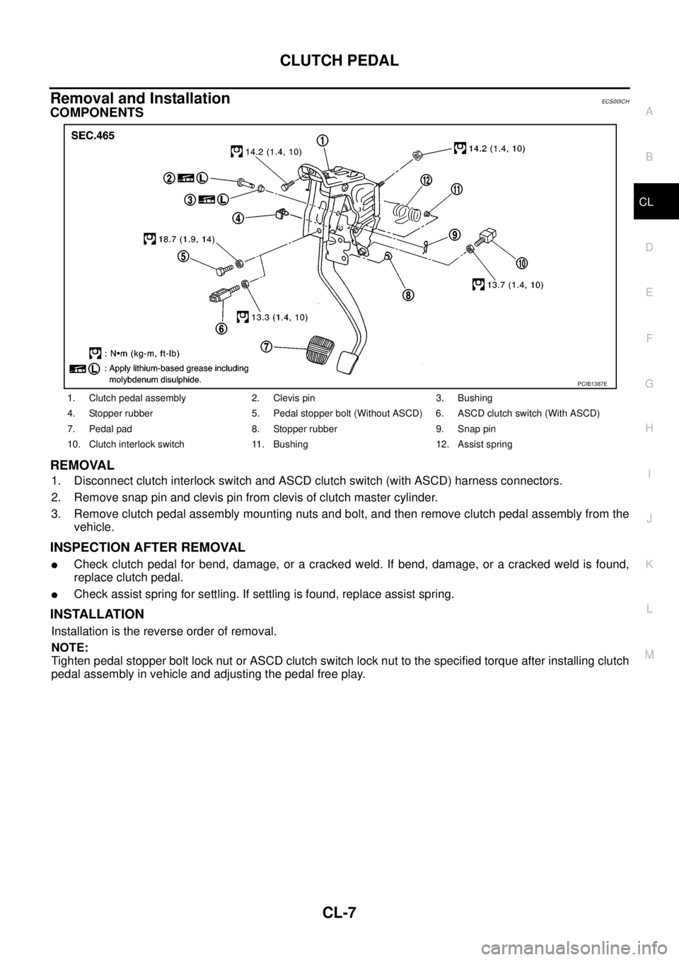 NISSAN NAVARA 2005  Repair Workshop Manual CLUTCH PEDAL
CL-7
D
E
F
G
H
I
J
K
L
MA
B
CL
Removal and InstallationECS00ICH
COMPONENTS
REMOVAL
1. Disconnect clutch interlock switch and ASCD clutch switch (with ASCD) harness connectors.
2. Remove s