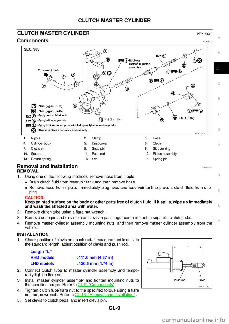 NISSAN NAVARA 2005  Repair Workshop Manual CLUTCH MASTER CYLINDER
CL-9
D
E
F
G
H
I
J
K
L
MA
B
CL
CLUTCH MASTER CYLINDERPFP:30610
ComponentsECS00ICJ
Removal and InstallationECS00ICK
REMOVAL
1. Using one of the following methods, remove hose fro
