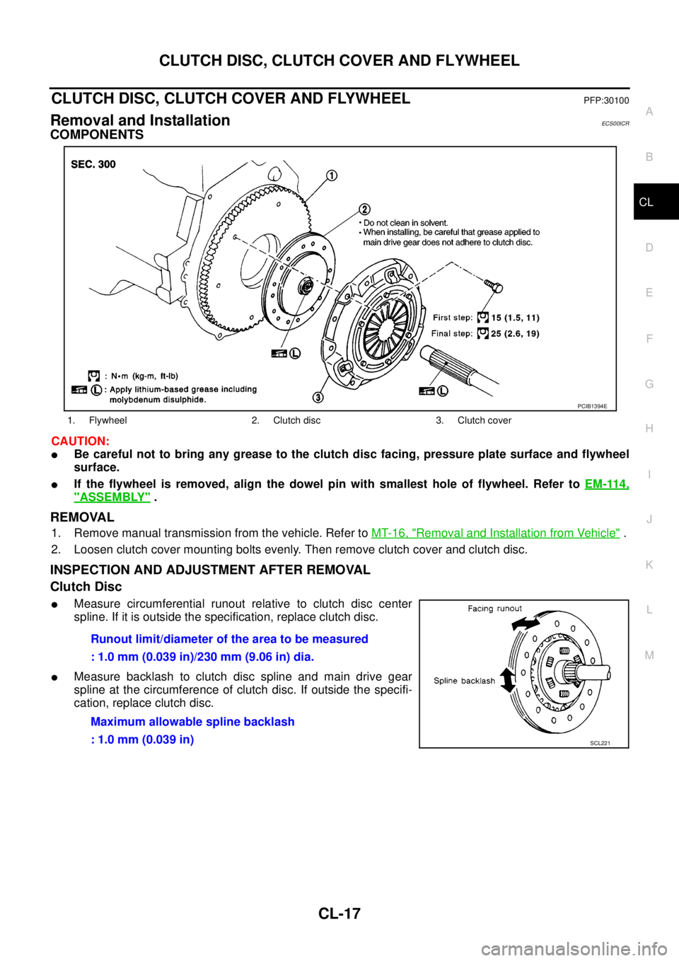 NISSAN NAVARA 2005  Repair Workshop Manual CLUTCH DISC, CLUTCH COVER AND FLYWHEEL
CL-17
D
E
F
G
H
I
J
K
L
MA
B
CL
CLUTCH DISC, CLUTCH COVER AND FLYWHEELPFP:30100
Removal and InstallationECS00ICR
COMPONENTS
CAUTION:
lBe careful not to bring any
