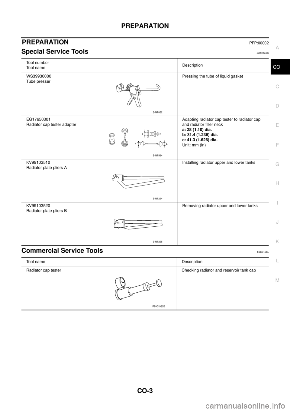 NISSAN NAVARA 2005  Repair Workshop Manual PREPARATION
CO-3
C
D
E
F
G
H
I
J
K
L
MA
CO
PREPARATIONPFP:00002
Special Service ToolsEBS01E6K
Commercial Service ToolsEBS01E6L
Tool number
Tool nameDescription
WS39930000
Tube presserPressing the tube