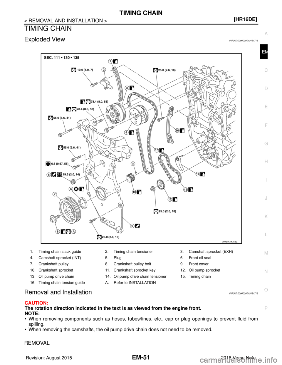 NISSAN NOTE 2016  Service Repair Manual TIMING CHAINEM-51
< REMOVAL AND INSTALLATION > [HR16DE]
C
D
E
F
G H
I
J
K L
M A
EM
NP
O
TIMING CHAIN
Exploded ViewINFOID:0000000012431718
Removal and InstallationINFOID:0000000012431719
CAUTION:
The r