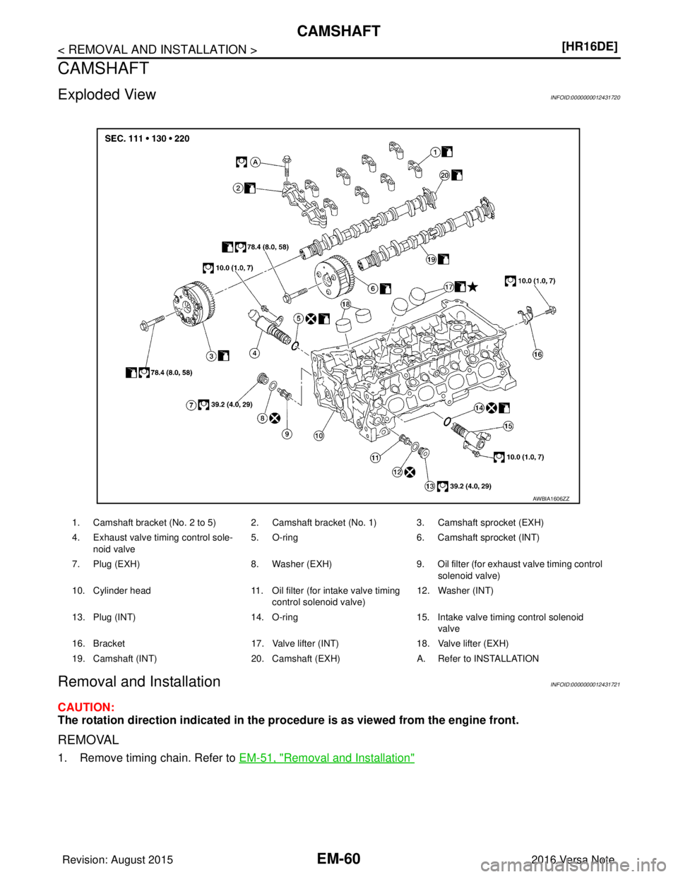 NISSAN NOTE 2016  Service Repair Manual EM-60
< REMOVAL AND INSTALLATION >[HR16DE]
CAMSHAFT
CAMSHAFT
Exploded ViewINFOID:0000000012431720
Removal and InstallationINFOID:0000000012431721
CAUTION:
The rotation direction 
indicated in the proc