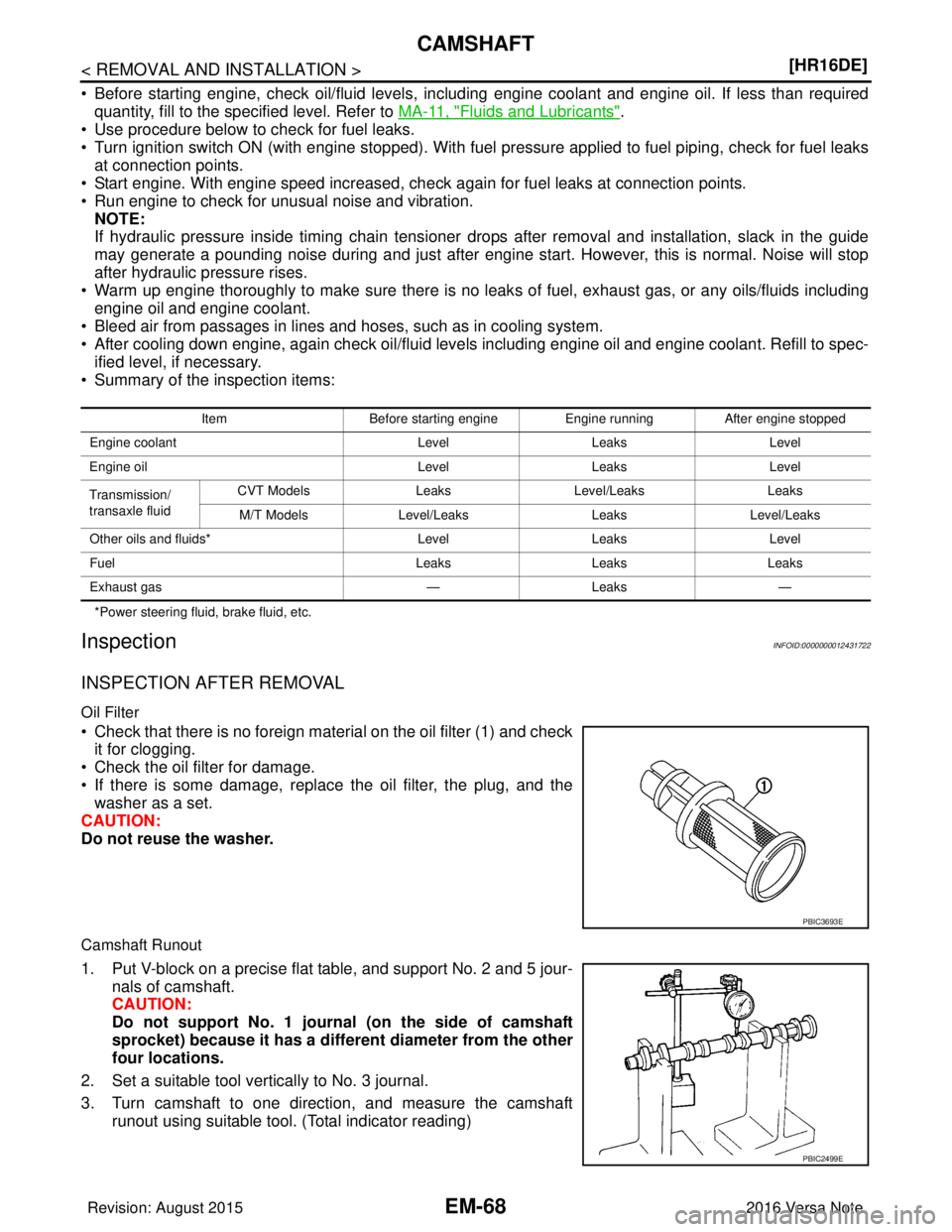NISSAN NOTE 2016  Service Repair Manual EM-68
< REMOVAL AND INSTALLATION >[HR16DE]
CAMSHAFT
• Before starting engine, check oil/fluid levels, including engine coolant and engine oil. If less than required
quantity, fill to the specified l