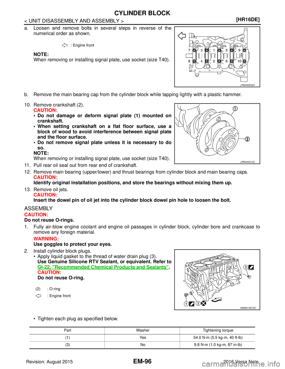 NISSAN NOTE 2016  Service Repair Manual EM-96
< UNIT DISASSEMBLY AND ASSEMBLY >[HR16DE]
CYLINDER BLOCK
a. Loosen and remove bolts in several steps in reverse of the
numerical order as shown.
NOTE:
When removing or installing signal plate, u