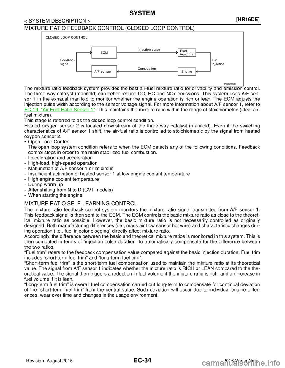NISSAN NOTE 2016  Service Repair Manual EC-34
< SYSTEM DESCRIPTION >[HR16DE]
SYSTEM
MIXTURE RATIO FEEDBACK CONTROL (CLOSED LOOP CONTROL)
The mixture ratio feedback sys
tem provides the best air-fuel mixture ra tio for drivability and emissi