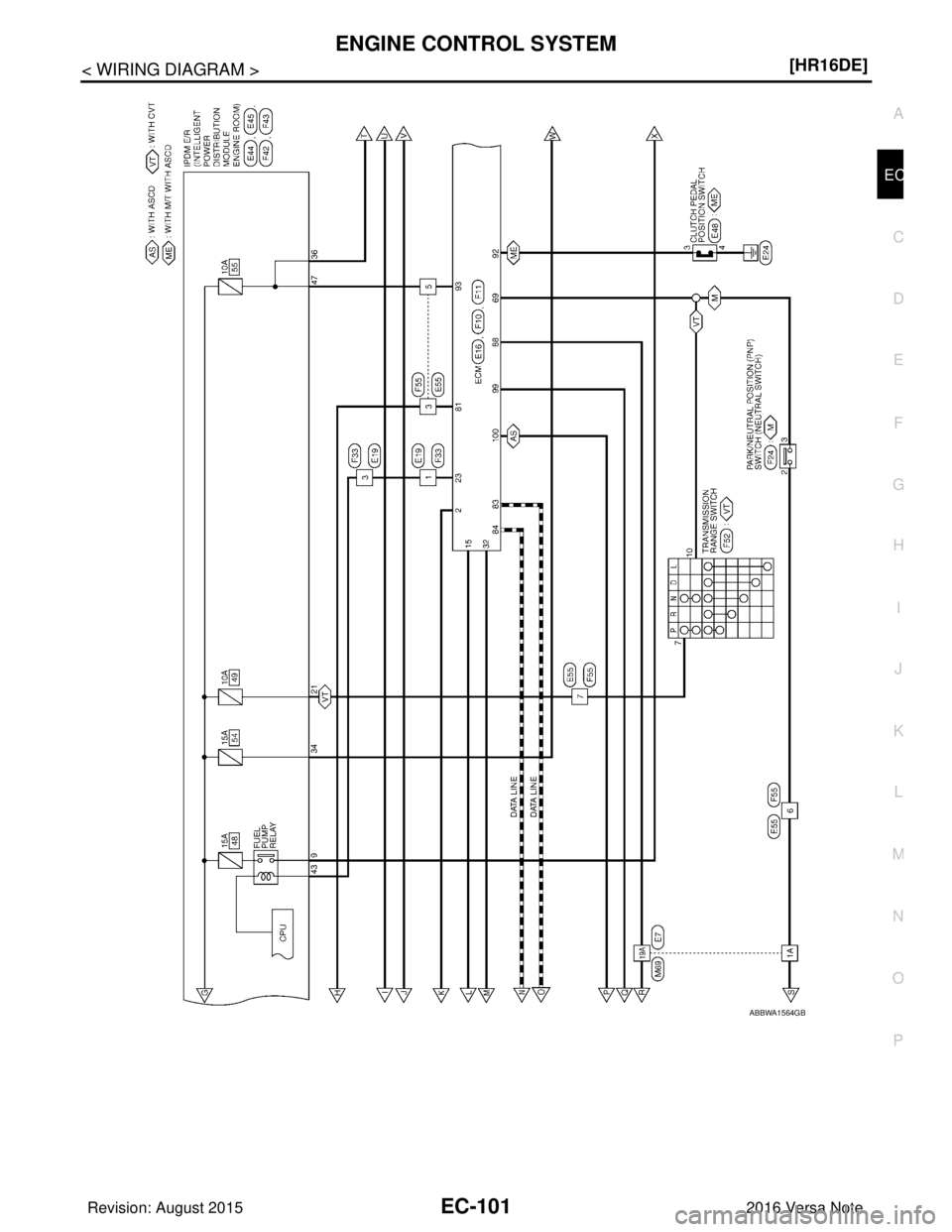 NISSAN NOTE 2016  Service Repair Manual ENGINE CONTROL SYSTEMEC-101
< WIRING DIAGRAM > [HR16DE]
C
D
E
F
G H
I
J
K L
M A
EC
NP
O
ABBWA1564GB
Revision: August 2015
2016 Versa Note

cardiagn.com  