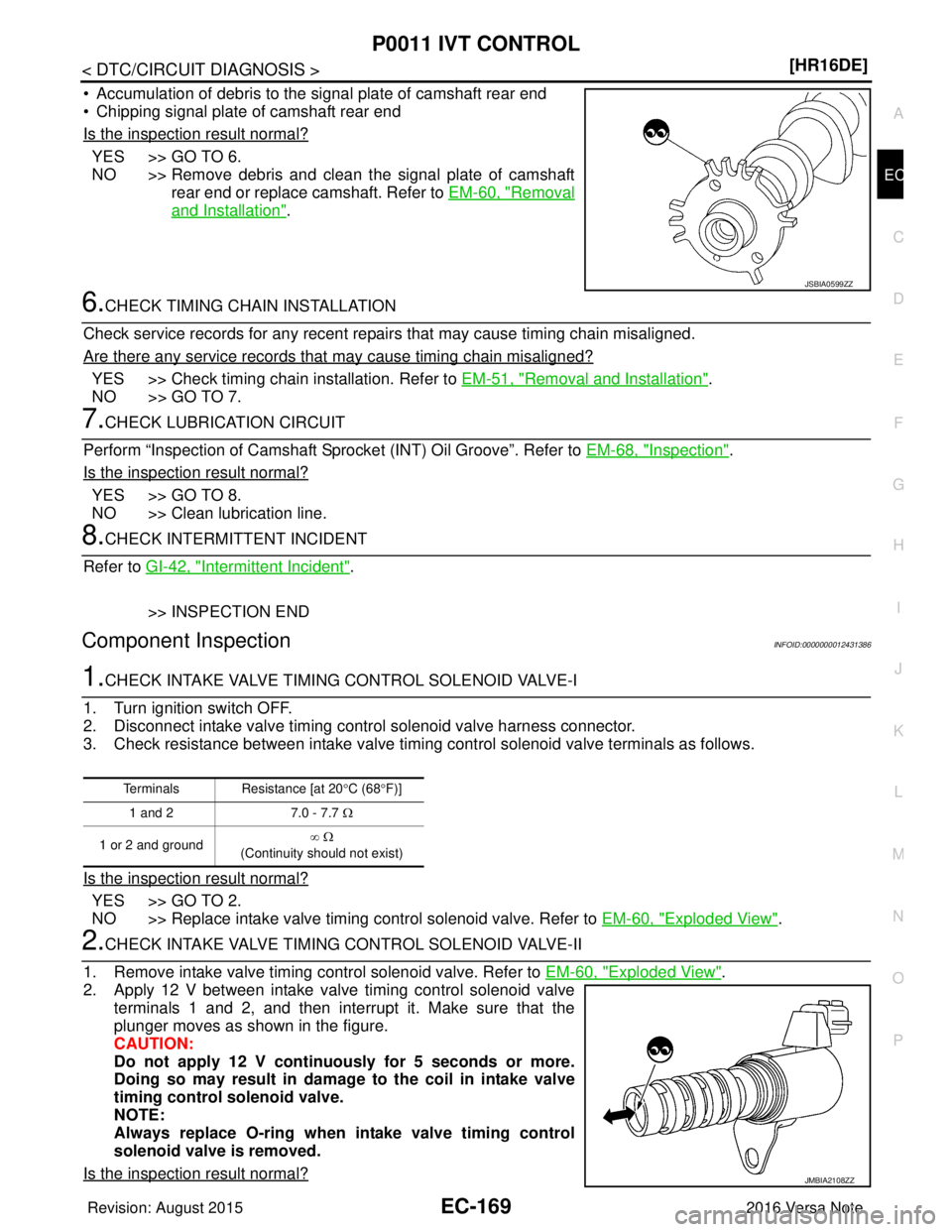 NISSAN NOTE 2016  Service Repair Manual P0011 IVT CONTROLEC-169
< DTC/CIRCUIT DIAGNOSIS > [HR16DE]
C
D
E
F
G H
I
J
K L
M A
EC
NP
O
• Accumulation of debris to the signal plate of camshaft rear end
• Chipping signal plate of camshaft rea