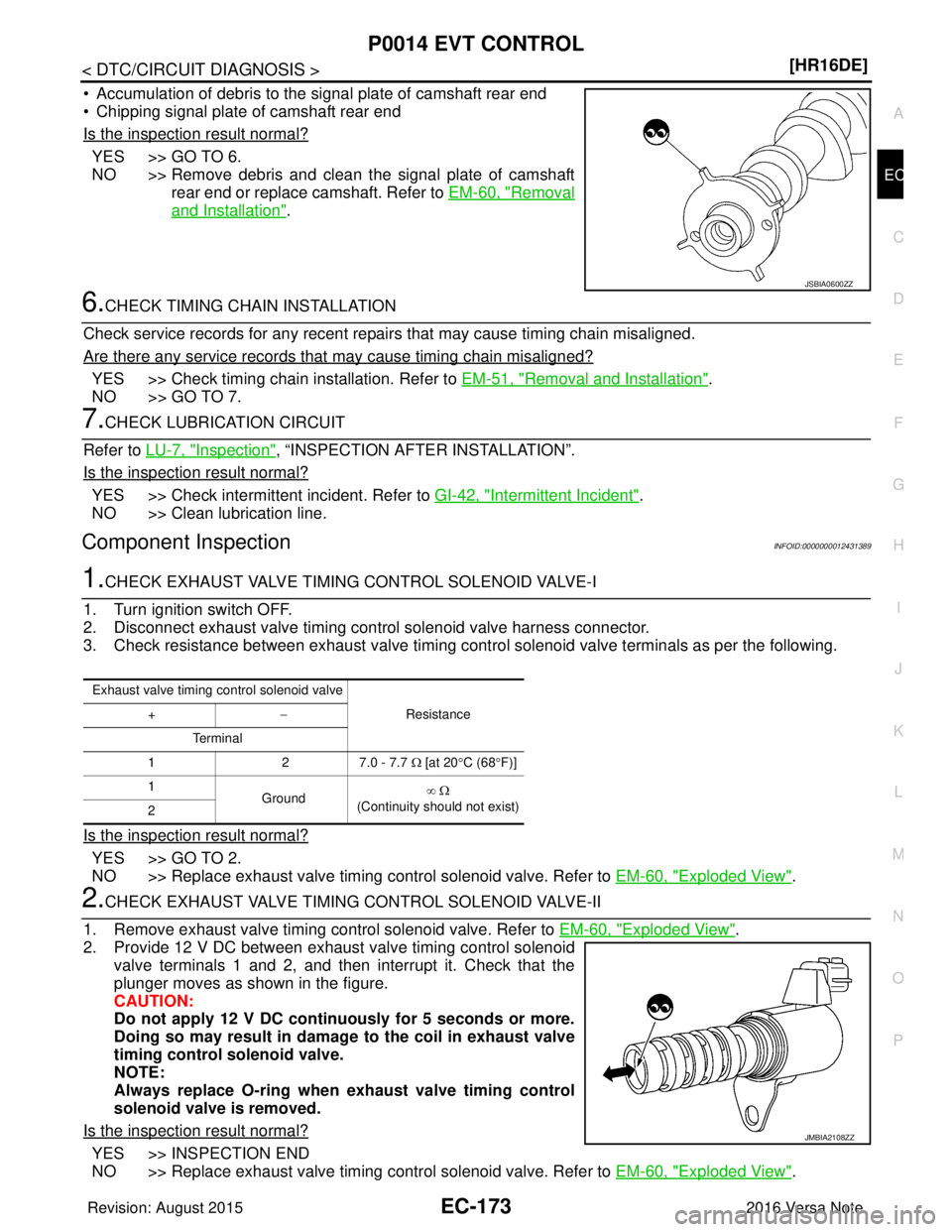 NISSAN NOTE 2016  Service Repair Manual P0014 EVT CONTROLEC-173
< DTC/CIRCUIT DIAGNOSIS > [HR16DE]
C
D
E
F
G H
I
J
K L
M A
EC
NP
O
• Accumulation of debris to the signal plate of camshaft rear end
• Chipping signal plate of camshaft rea