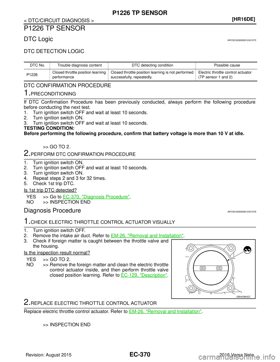 NISSAN NOTE 2016  Service Repair Manual EC-370
< DTC/CIRCUIT DIAGNOSIS >[HR16DE]
P1226 TP SENSOR
P1226 TP SENSOR
DTC LogicINFOID:0000000012431575
DTC DETECTION LOGIC
DTC CONFIRMATION PROCEDURE
1.PRECONDITIONING
If DTC Confirmation Procedure