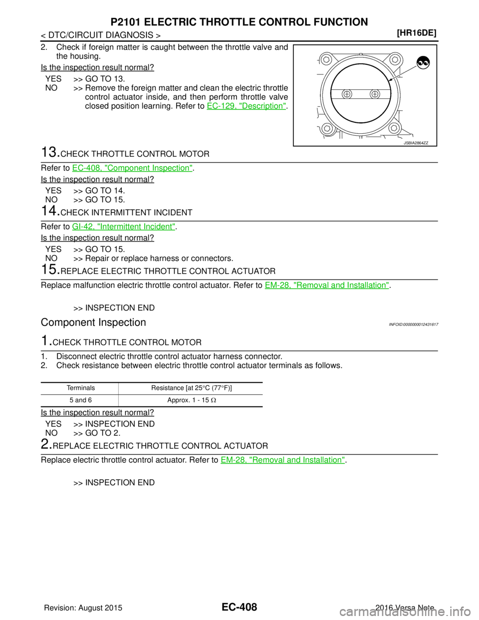 NISSAN NOTE 2016  Service Repair Manual EC-408
< DTC/CIRCUIT DIAGNOSIS >[HR16DE]
P2101 ELECTRIC THROTTLE CONTROL FUNCTION
2. Check if foreign matter is caught between the throttle valve and
the housing.
Is the inspection result normal?
YES 