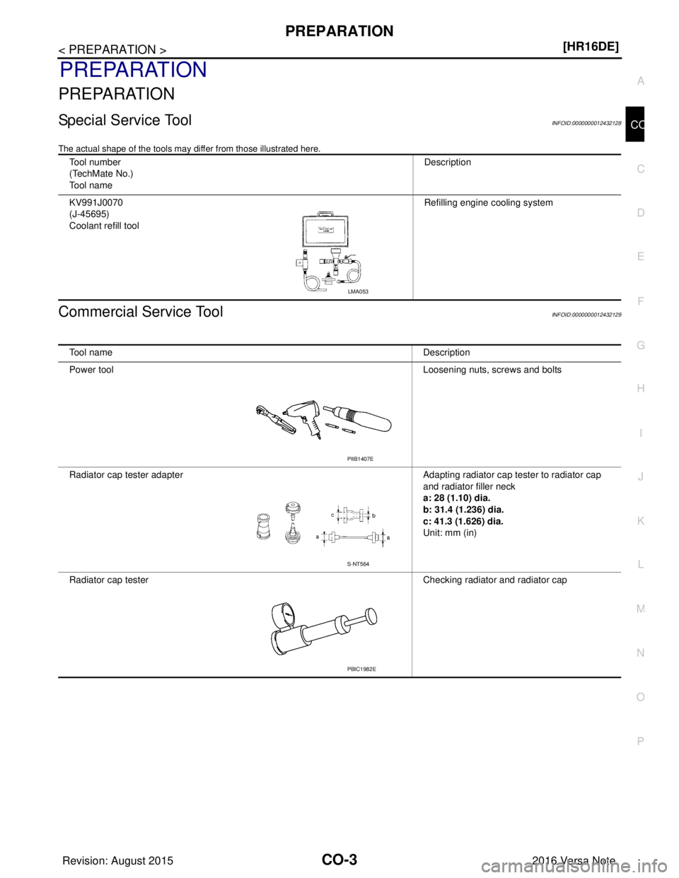 NISSAN NOTE 2016  Service Repair Manual PREPARATIONCO-3
< PREPARATION > [HR16DE]
C
D
E
F
G H
I
J
K L
M A
CO
NP
O
PREPARATION
PREPARATION
Special Service ToolINFOID:0000000012432128
The actual shape of the tools may di
ffer from those illust
