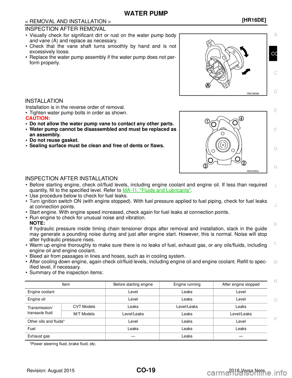 NISSAN NOTE 2016  Service Repair Manual WATER PUMPCO-19
< REMOVAL AND INSTALLATION > [HR16DE]
C
D
E
F
G H
I
J
K L
M A
CO
NP
O
INSPECTION AFTER REMOVAL
• Visually check for significant dirt or rust on the water pump body
and vane (A) and r