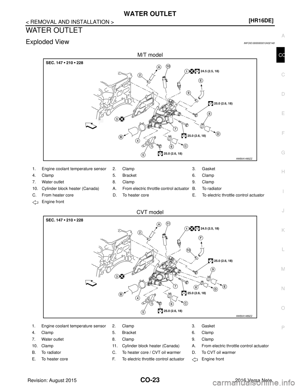 NISSAN NOTE 2016  Service Repair Manual WATER OUTLETCO-23
< REMOVAL AND INSTALLATION > [HR16DE]
C
D
E
F
G H
I
J
K L
M A
CO
NP
O
WATER OUTLET
Exploded ViewINFOID:0000000012432148
M/T model
CVT model
AWBIA1490ZZ
1. Engine coolant temperature 