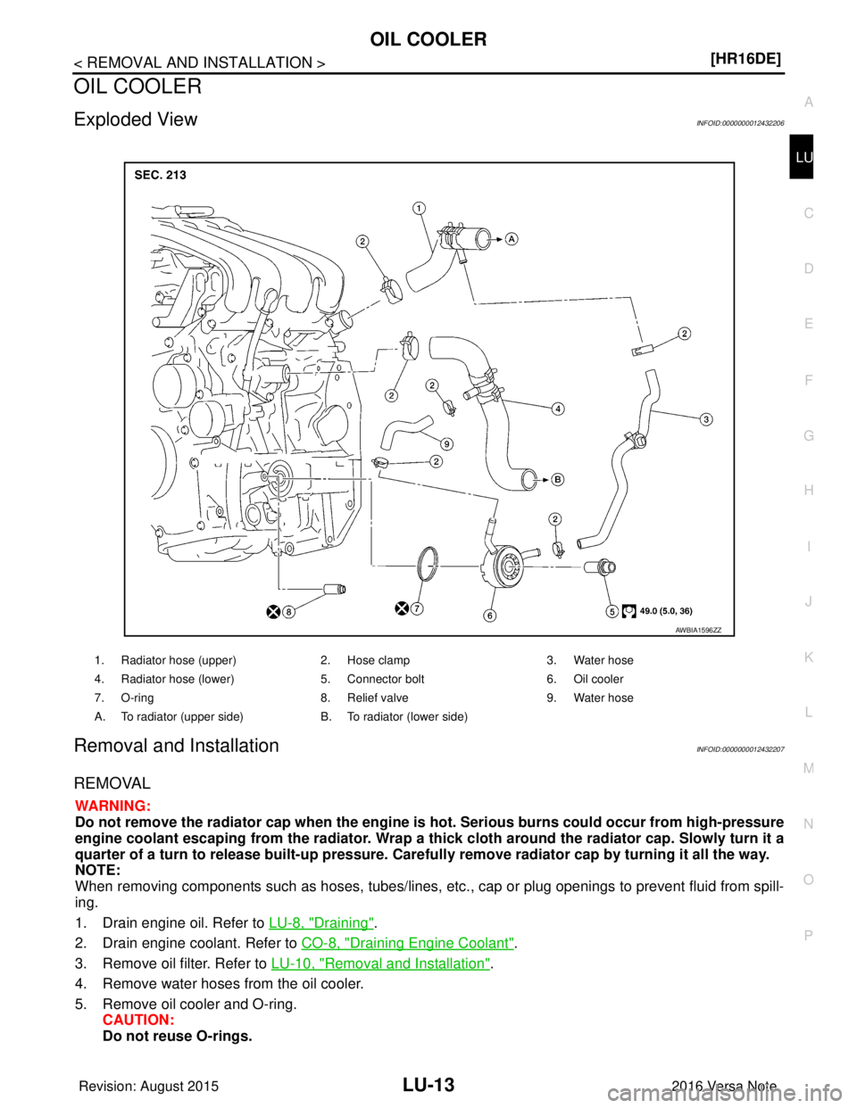 NISSAN NOTE 2016  Service Repair Manual OIL COOLERLU-13
< REMOVAL AND INSTALLATION > [HR16DE]
C
D
E
F
G H
I
J
K L
M A
LU
NP
O
OIL COOLER
Exploded ViewINFOID:0000000012432206
Removal and InstallationINFOID:0000000012432207
REMOVAL
WARNING:
D
