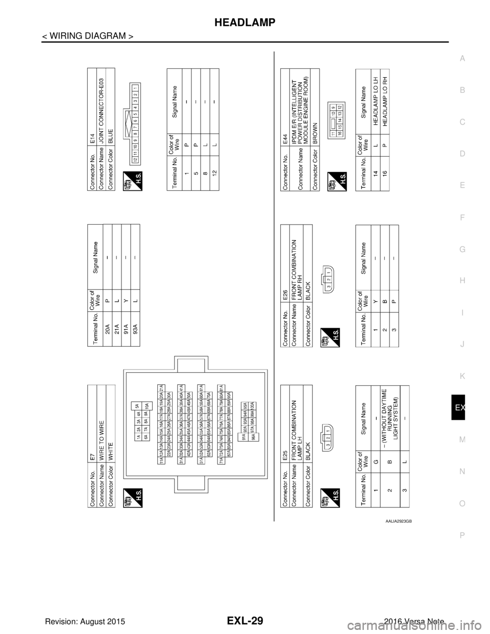 NISSAN NOTE 2016  Service Repair Manual HEADLAMPEXL-29
< WIRING DIAGRAM >
C
DE
F
G H
I
J
K
M A
B
EXL
N
O P
AALIA2923GB
Revision: August 2015 2016 Versa Note

cardiagn.com  