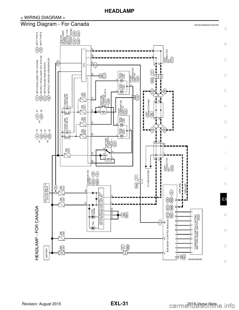 NISSAN NOTE 2016  Service Repair Manual HEADLAMPEXL-31
< WIRING DIAGRAM >
C
DE
F
G H
I
J
K
M A
B
EXL
N
O P
Wiring Diagram - For CanadaINFOID:0000000012432793
ABLWA3283GB
Revision: August 2015 2016 Versa Note

cardiagn.com  
