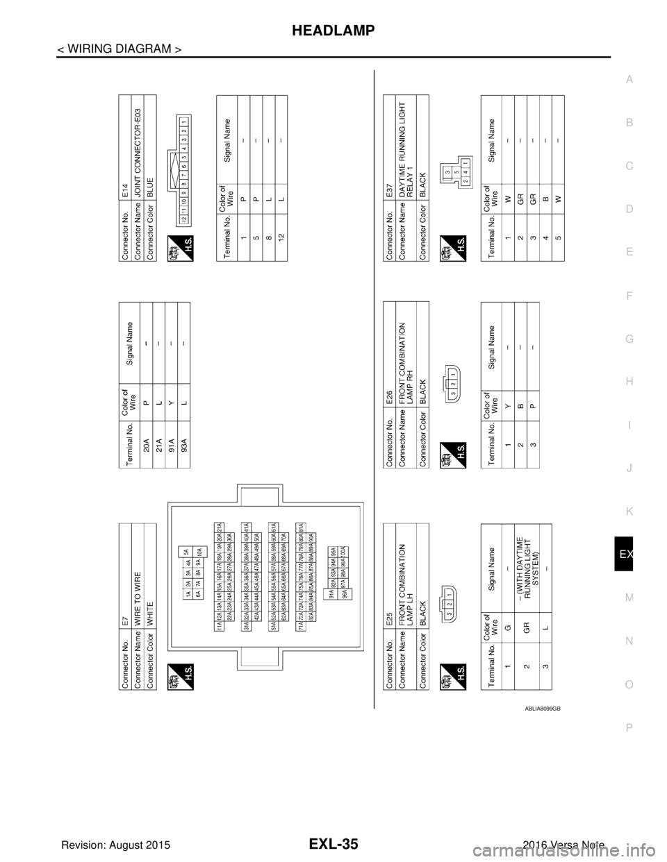 NISSAN NOTE 2016  Service Repair Manual HEADLAMPEXL-35
< WIRING DIAGRAM >
C
DE
F
G H
I
J
K
M A
B
EXL
N
O P
ABLIA8099GB
Revision: August 2015 2016 Versa Note

cardiagn.com  