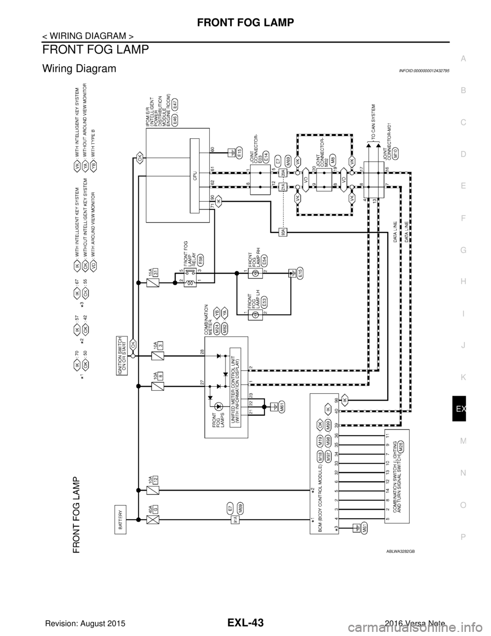 NISSAN NOTE 2016  Service Repair Manual FRONT FOG LAMPEXL-43
< WIRING DIAGRAM >
C
DE
F
G H
I
J
K
M A
B
EXL
N
O P
FRONT FOG LAMP
Wiring DiagramINFOID:0000000012432795
ABLWA3282GB
Revision: August 2015 2016 Versa Note

cardiagn.com  