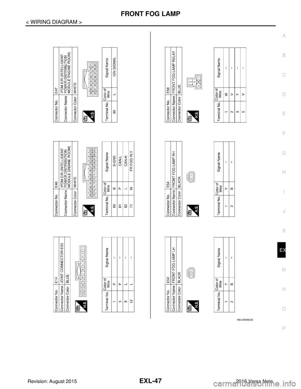 NISSAN NOTE 2016  Service Repair Manual FRONT FOG LAMPEXL-47
< WIRING DIAGRAM >
C
DE
F
G H
I
J
K
M A
B
EXL
N
O P
ABLIA8096GB
Revision: August 2015 2016 Versa Note

cardiagn.com  