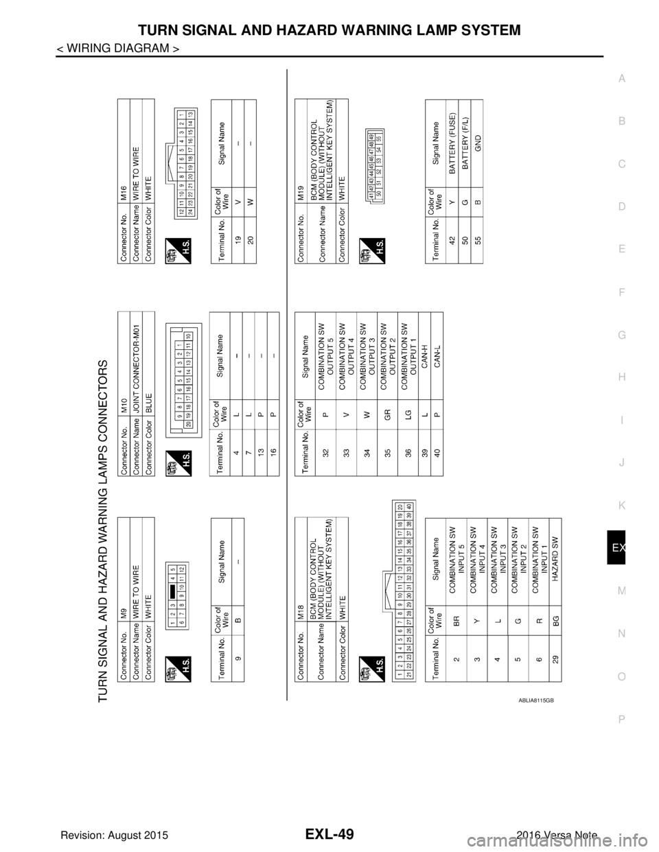 NISSAN NOTE 2016  Service Repair Manual TURN SIGNAL AND HAZARD WARNING LAMP SYSTEMEXL-49
< WIRING DIAGRAM >
C
DE
F
G H
I
J
K
M A
B
EXL
N
O P
ABLIA8115GB
Revision: August 2015 2016 Versa Note

cardiagn.com  