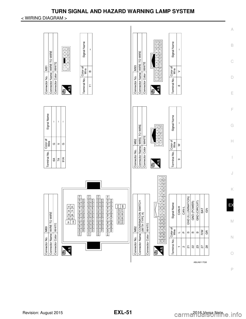 NISSAN NOTE 2016  Service Repair Manual TURN SIGNAL AND HAZARD WARNING LAMP SYSTEMEXL-51
< WIRING DIAGRAM >
C
DE
F
G H
I
J
K
M A
B
EXL
N
O P
ABLIA8117GB
Revision: August 2015 2016 Versa Note

cardiagn.com  