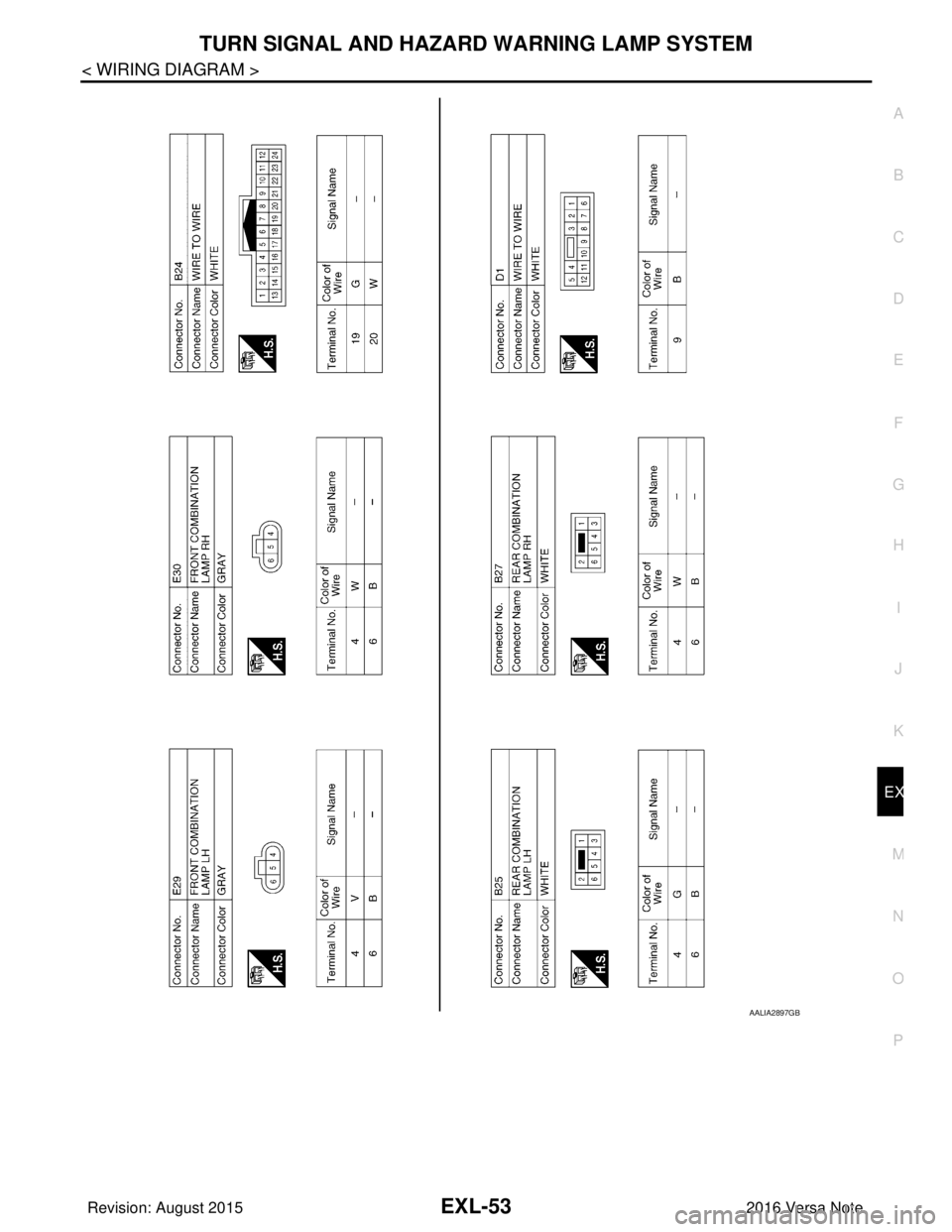 NISSAN NOTE 2016  Service Repair Manual TURN SIGNAL AND HAZARD WARNING LAMP SYSTEMEXL-53
< WIRING DIAGRAM >
C
DE
F
G H
I
J
K
M A
B
EXL
N
O P
AALIA2897GB
Revision: August 2015 2016 Versa Note

cardiagn.com  