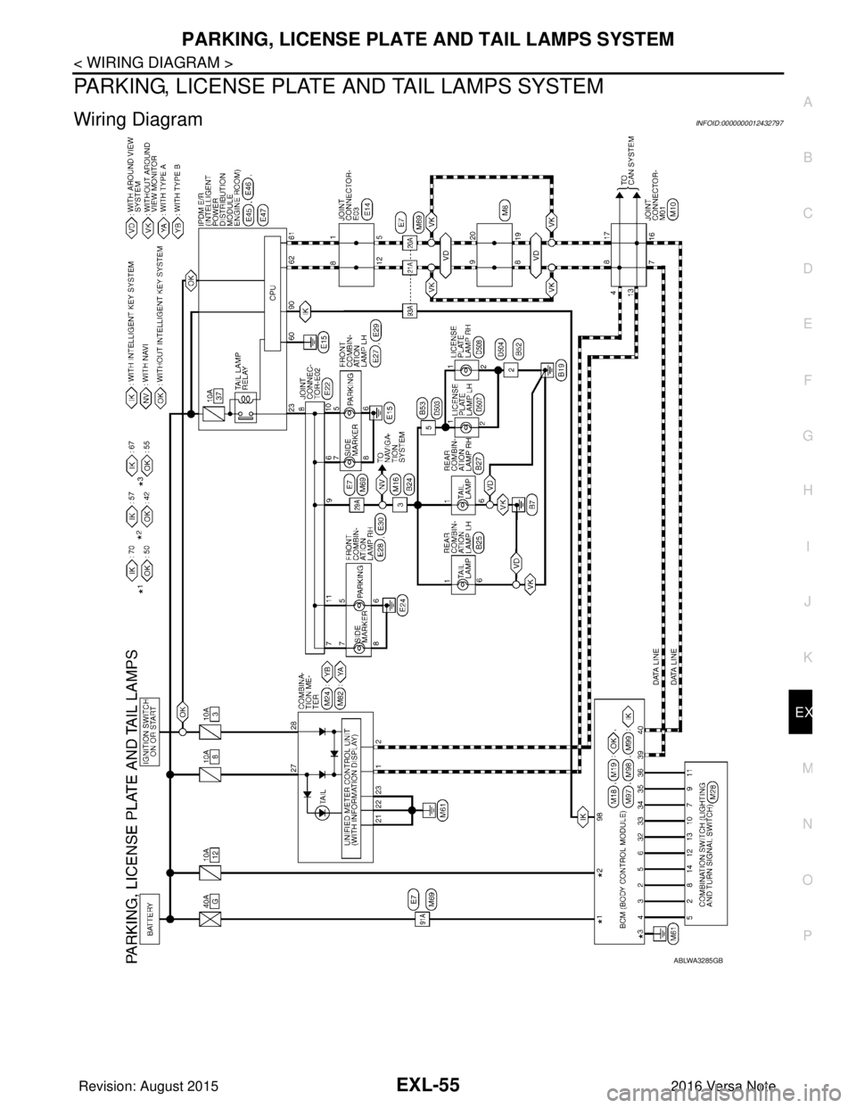 NISSAN NOTE 2016  Service Repair Manual PARKING, LICENSE PLATE AND TAIL LAMPS SYSTEMEXL-55
< WIRING DIAGRAM >
C
DE
F
G H
I
J
K
M A
B
EXL
N
O P
PARKING, LICENSE PLATE AND TAIL LAMPS SYSTEM
Wiring DiagramINFOID:0000000012432797
ABLWA3285GB
Re