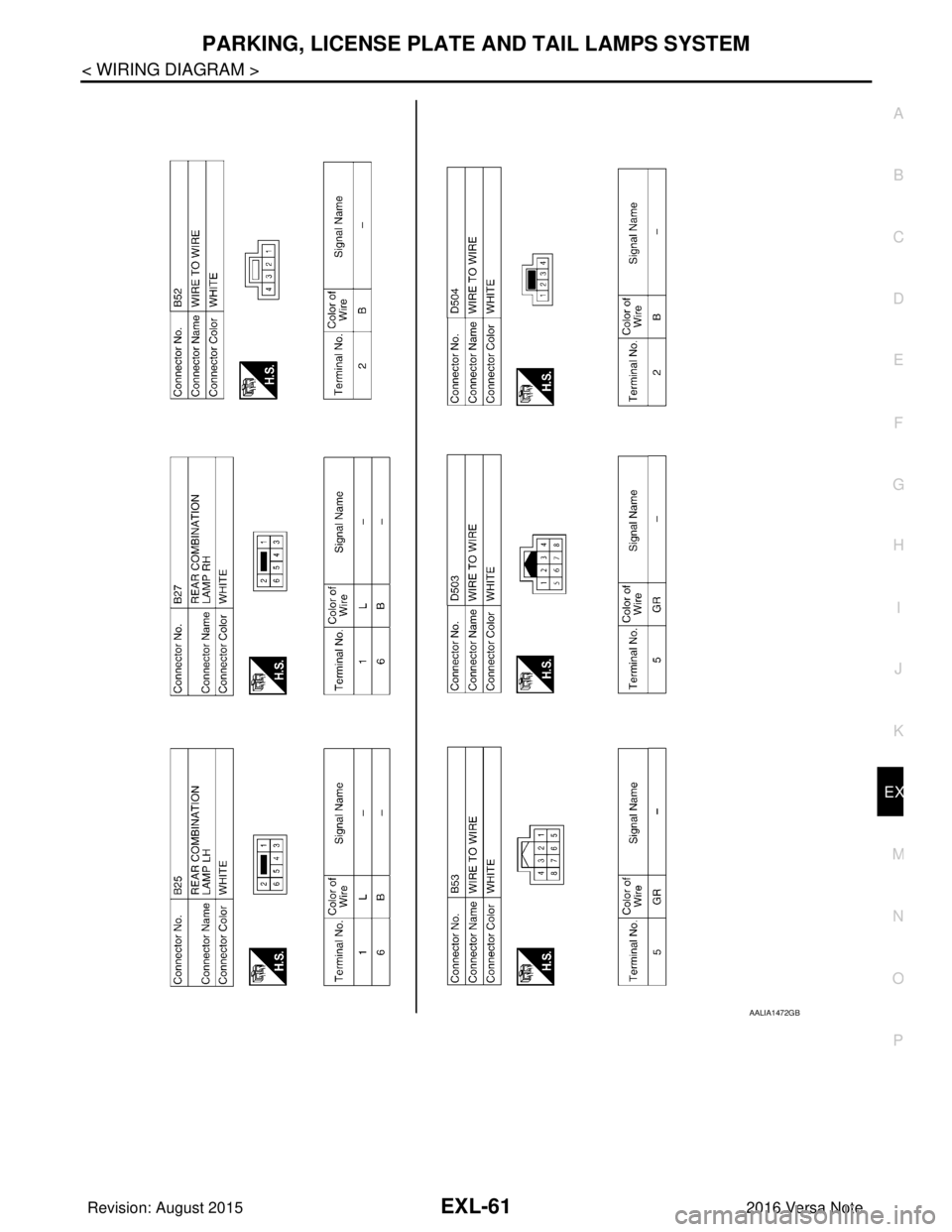 NISSAN NOTE 2016  Service Repair Manual PARKING, LICENSE PLATE AND TAIL LAMPS SYSTEMEXL-61
< WIRING DIAGRAM >
C
DE
F
G H
I
J
K
M A
B
EXL
N
O P
AALIA1472GB
Revision: August 2015 2016 Versa Note

cardiagn.com  