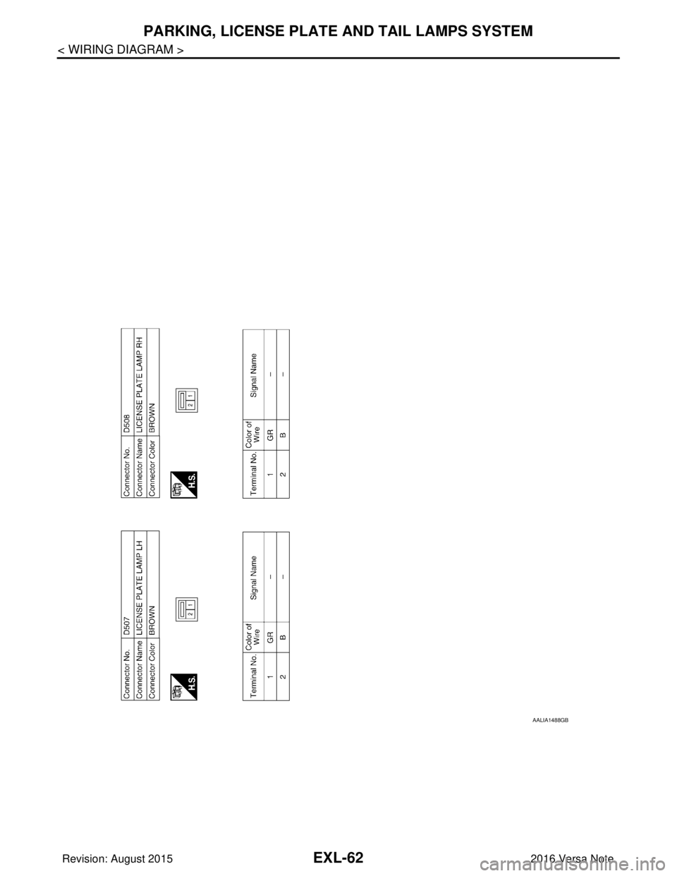 NISSAN NOTE 2016  Service Repair Manual EXL-62
< WIRING DIAGRAM >
PARKING, LICENSE PLATE AND TAIL LAMPS SYSTEM
AALIA1488GB
Revision: August 20152016 Versa Note

cardiagn.com  