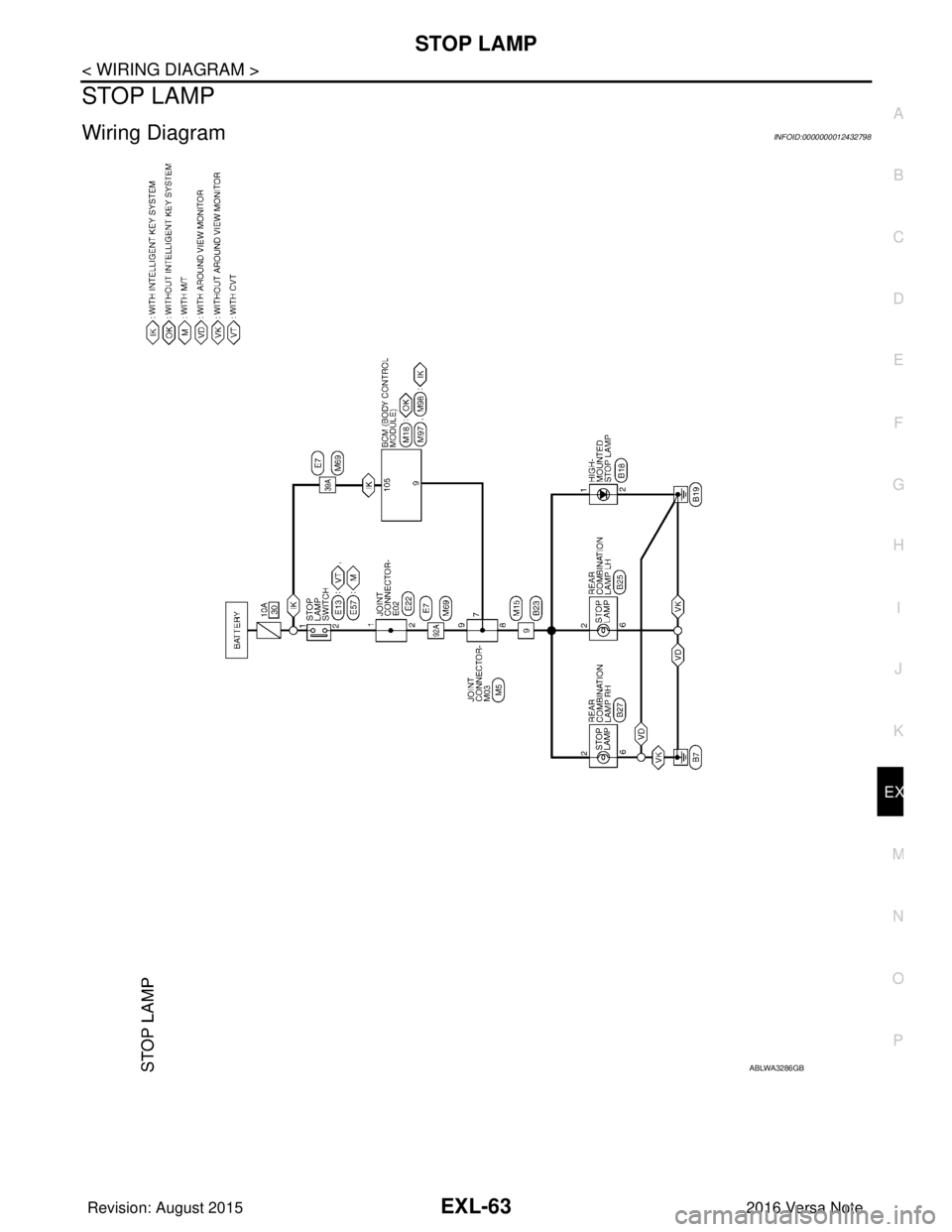 NISSAN NOTE 2016  Service Repair Manual STOP LAMPEXL-63
< WIRING DIAGRAM >
C
DE
F
G H
I
J
K
M A
B
EXL
N
O P
STOP LAMP
Wiring DiagramINFOID:0000000012432798
ABLWA3286GB
Revision: August 2015 2016 Versa Note

cardiagn.com  