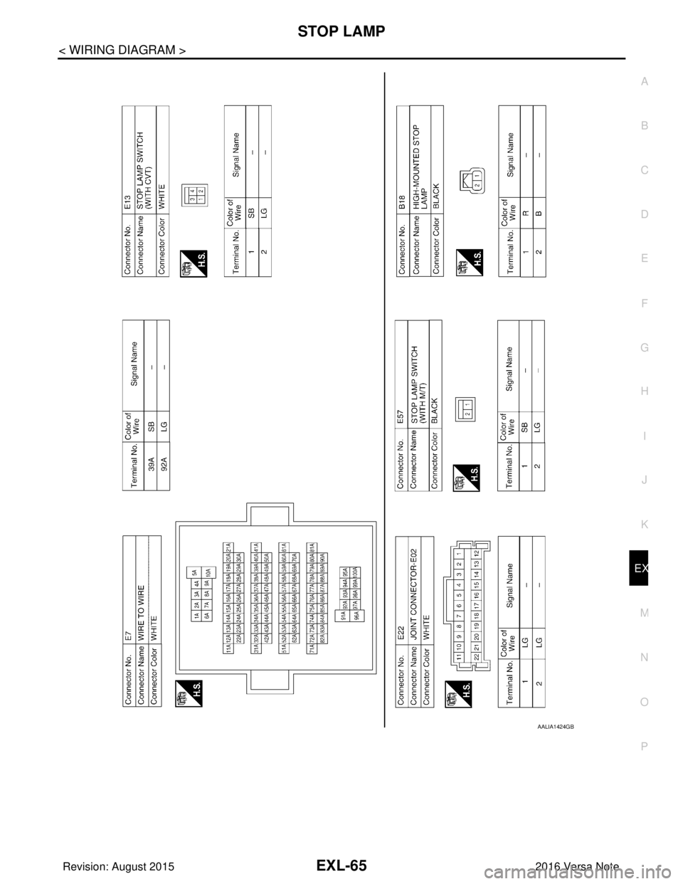 NISSAN NOTE 2016  Service Repair Manual STOP LAMPEXL-65
< WIRING DIAGRAM >
C
DE
F
G H
I
J
K
M A
B
EXL
N
O P
AALIA1424GB
Revision: August 2015 2016 Versa Note

cardiagn.com  