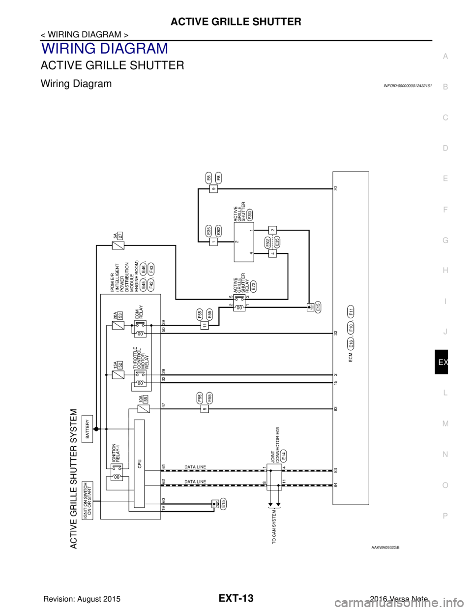NISSAN NOTE 2016  Service Repair Manual ACTIVE GRILLE SHUTTEREXT-13
< WIRING DIAGRAM >
C
DE
F
G H
I
J
L
M A
B
EXT
N
O P
WIRING DIAGRAM
ACTIVE GRILLE SHUTTER
Wiring DiagramINFOID:0000000012432161
AAKWA0932GB
Revision: August 2015 2016 Versa 