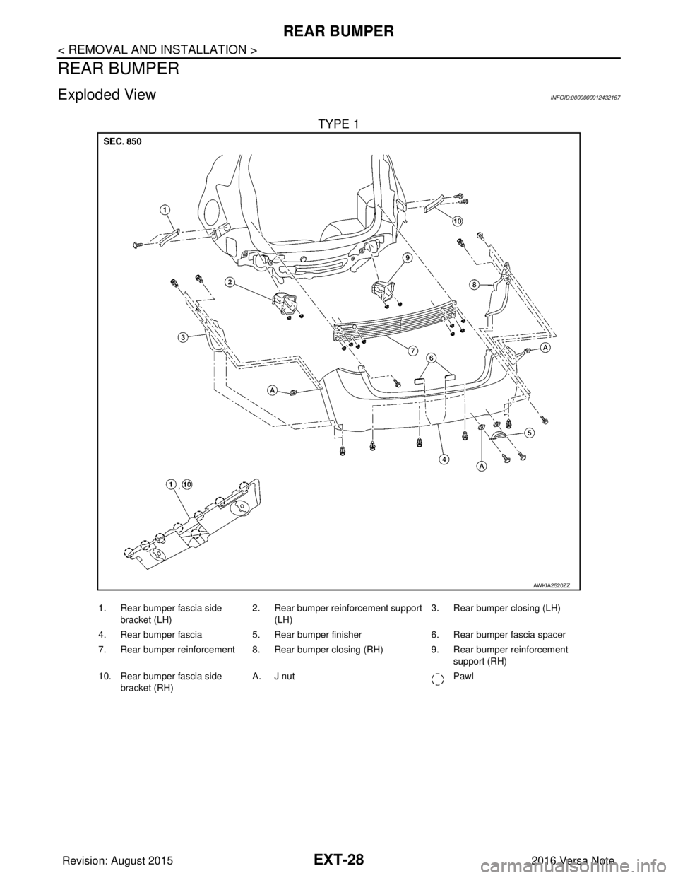 NISSAN NOTE 2016  Service Repair Manual EXT-28
< REMOVAL AND INSTALLATION >
REAR BUMPER
REAR BUMPER
Exploded ViewINFOID:0000000012432167
TYPE 1
AWKIA2520ZZ
1. Rear bumper fascia side bracket (LH) 2. Rear bumper reinforcement support 
(LH) 3