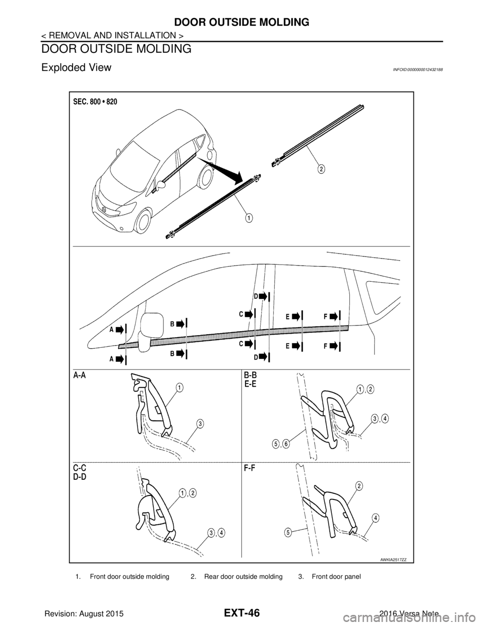 NISSAN NOTE 2016  Service Repair Manual EXT-46
< REMOVAL AND INSTALLATION >
DOOR OUTSIDE MOLDING
DOOR OUTSIDE MOLDING
Exploded ViewINFOID:0000000012432188
1. Front door outside molding 2. Rear door outside molding 3. Front door panel
AWKIA2